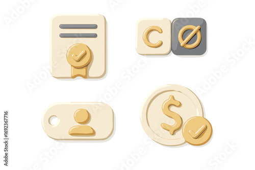 Minimalist 3D symbols for copyright law, user authentication, secure payment, and official certification or license isolated on a white background