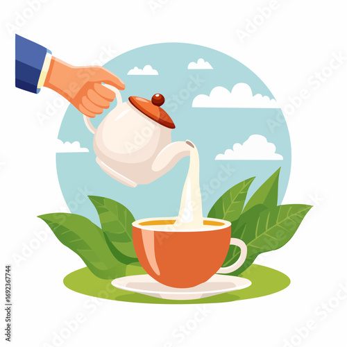 Hand Pouring Milk Into Tea Cup