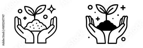 Line art and silhouette hands holding a young plant sprout with soil for growth, environment, and conservation concepts