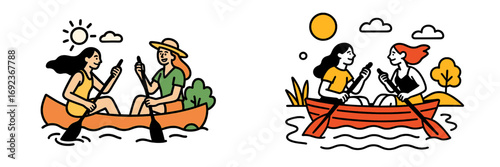 Set of two scenes showing women friends canoeing on a lake during a sunny summer day, enjoying outdoor recreation and adventure in nature