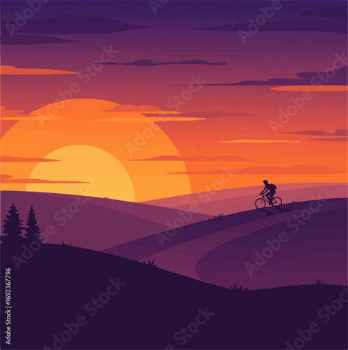 Cyclist enjoys vibrant sunset over rolling hills in serene landscape
