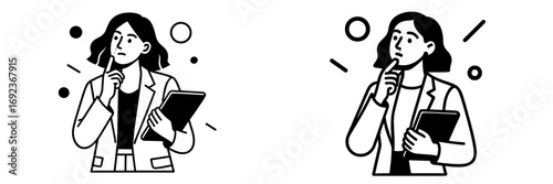 Minimalist black and white line art of a pensive businesswoman holding a tablet, thinking about a problem or contemplating a new idea for a project