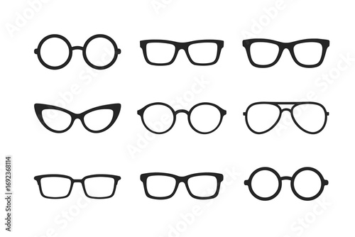 Collection of various stylish eyeglass frames in black silhouettes on white background