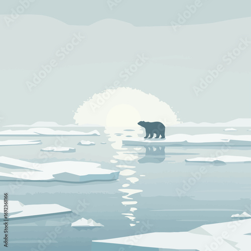 Solitary polar bear navigates icy Arctic landscape under soft sunrise glow