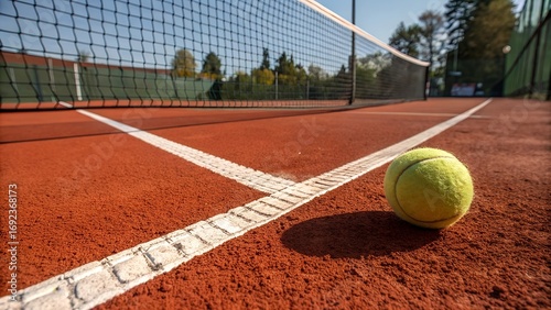 Tennis ball on clay court.
