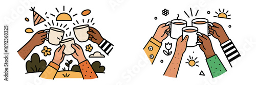 Diverse hands of friends toasting with coffee mugs in a celebration of community and togetherness with simple doodle elements
