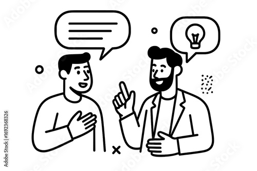 Two men in a minimalist line art style having a conversation with one sharing an innovative idea symbolized by a lightbulb speech bubble for collaboration