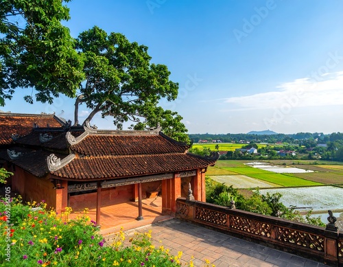 Panoramic view of an Asian temple overlooking a valley