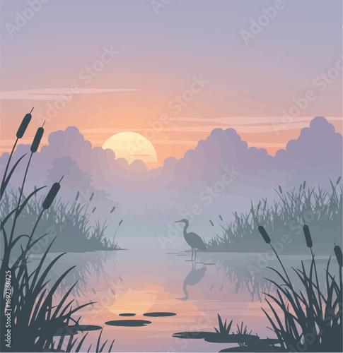 Tranquil heron in misty marsh at sunrise, serene nature scene