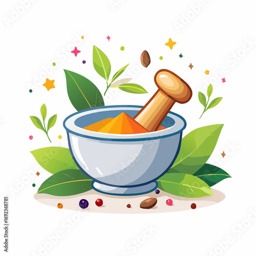Colorful Mortar And Pestle With Spices And Herbs