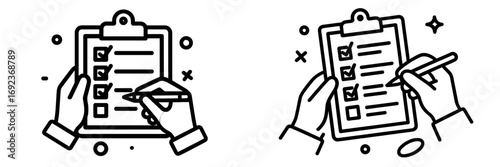 Checklist icon set with hand holding clipboard and pen marking tasks for project management and productivity concepts