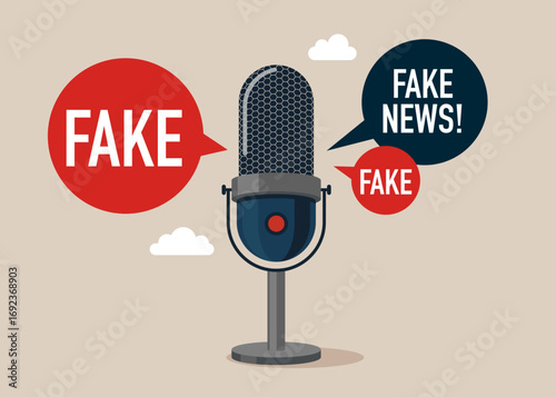 From studio microphone for streaming and gaming fake news in social media. News with disinformation, lies and propaganda. Flat vector illustration