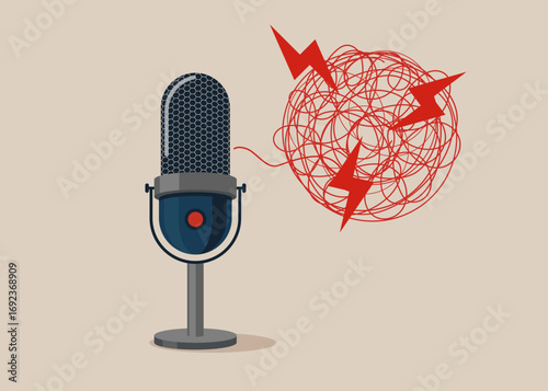Studio microphone for streaming and gaming. Talk on stage, frightening to give speech. Online press Conference, Interviews, latest news. Flat Vector illustration.