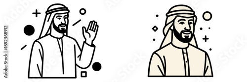 Arab man in traditional clothing waving and smiling, set of two line art icons for Middle Eastern culture and business
