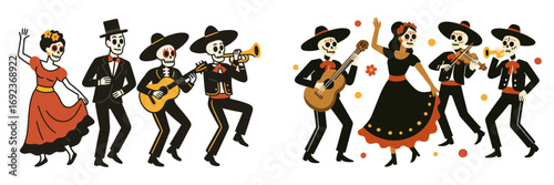 Set of dancing and music playing skeletons for Dia de los Muertos celebration featuring a mariachi band with guitars and trumpets and women in traditional dresses