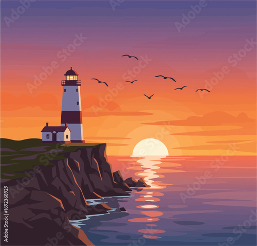 Stunning lighthouse guides ships as sun sets over tranquil ocean waves