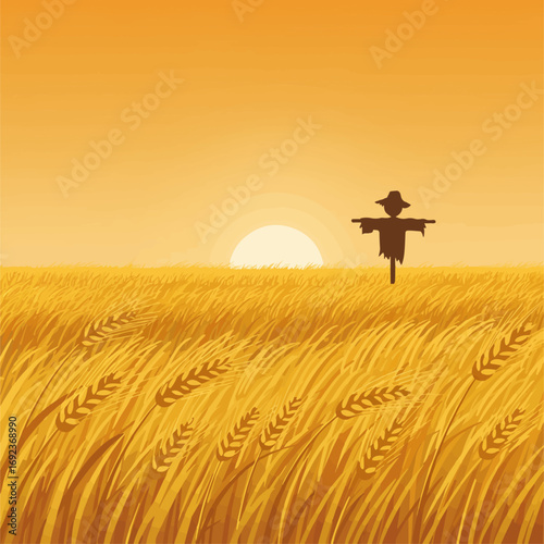 Golden wheat field with scarecrow at sunset evokes harvest and rural charm