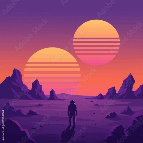 Lone astronaut gazes at dual suns setting on alien planet landscape