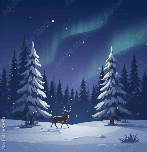Majestic deer walks through snowy forest under vibrant aurora borealis