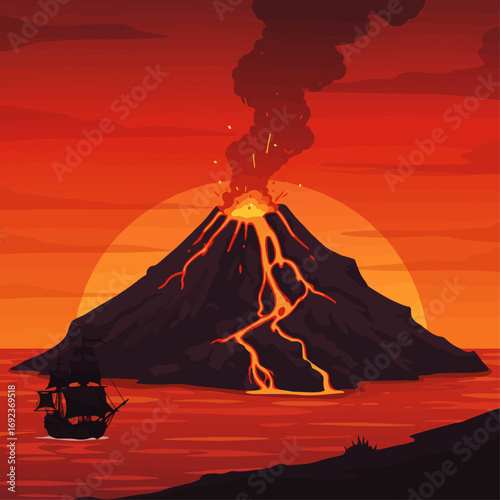 Dramatic volcanic eruption with lava flows and ancient ship sailing nearby