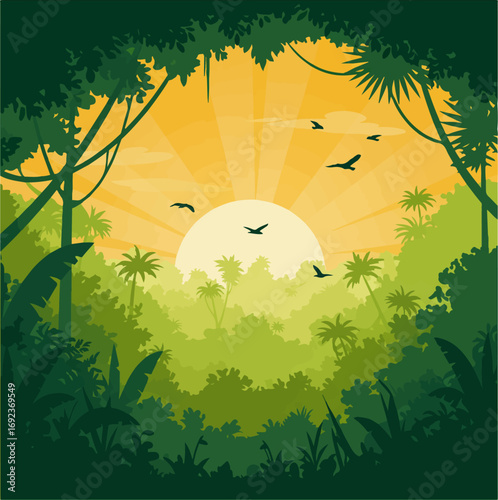 Vibrant jungle sunrise with birds flying over lush green canopy
