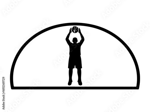 Silhouette of a basketball player shooting a ball within a hoop outline