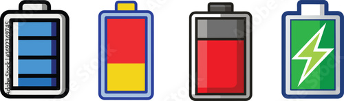 Four battery level vector eps bundle set collection icon isolated on white transparent background png jpg business people clipping path cutout 2025 2026 4k full hd poster banner label download