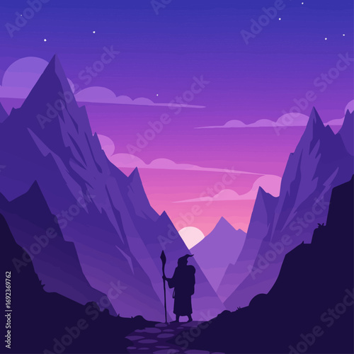 Mysterious wizard journeys through majestic mountains at twilight sunset