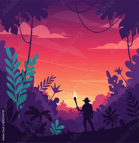 Adventurer with torch explores lush jungle at vibrant sunset