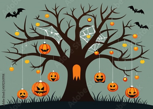 halloween tree with pumpkins and spider web