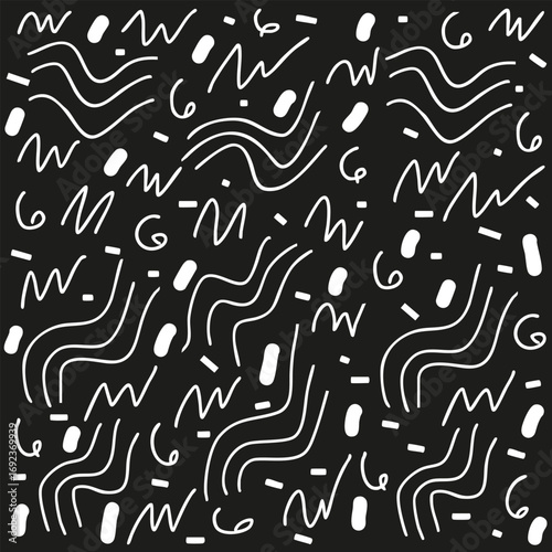 Motifs Abstraits Noir et Blanc avec gribouillis et formes géométriques, Illustration Vecteur Memphis