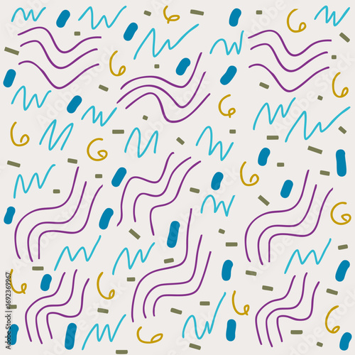 Motifs Abstraits colorés avec gribouillis et formes géométriques, Fond Beige, Illustration Vecteur Memphis