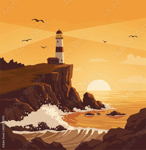 Dramatic lighthouse scene at sunset with crashing waves and soaring seagulls