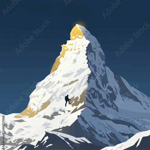 Adventurer scales majestic snow-capped mountain peak at sunrise summit glory