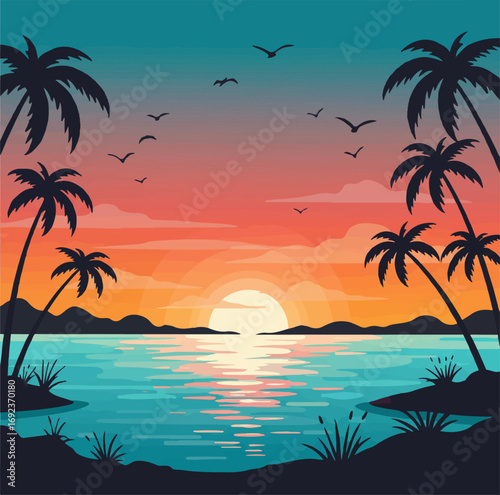 Vibrant tropical sunset with palm trees over calm ocean waters