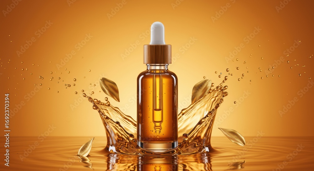Naklejka premium Golden serum bottle with dropper and oil splashing for skin care and beauty product concept