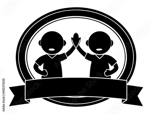 Two silhouetted figures giving a high five inside a circular emblem