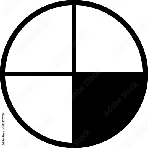 Pie Chart icon. Black and white circle divided into quadrants by lines with two quadrants filled in black