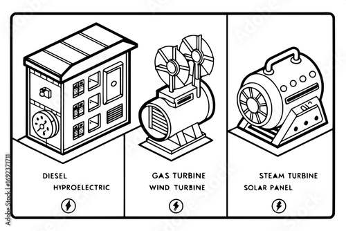 "Six clean outline icons of power generators in a cartoon line drawing style: diesel, gas turbine, steam turbine, hydroelectric, wind turbine, solar panel. Symmetrically arranged grid, white backgroun