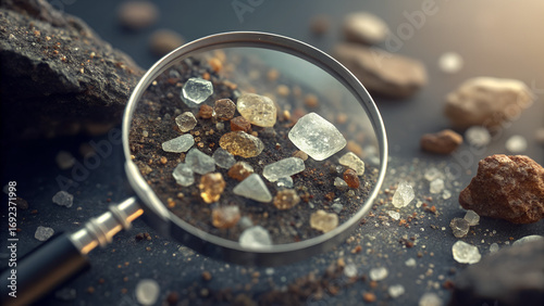 Microscopic View of Mineral Granules and Ore under Magnifying Glass