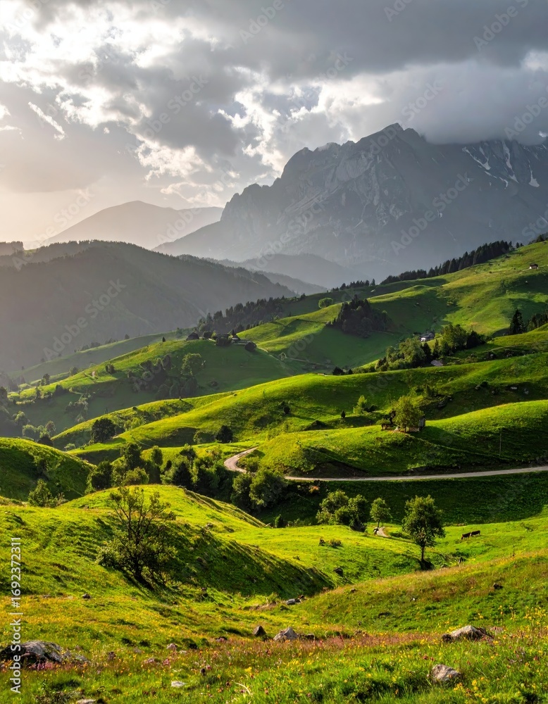 Obraz premium Green rolling hills under misty mountains
