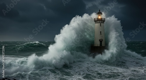 Fototapeta Naklejka Na Ścianę i Meble -  Lighthouse in storm with crashing ocean waves and dramatic sky