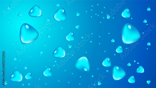 Realistic water droplets scattered on a blue gradient background, creating a fresh, clean, and natural look. Ideal for design, nature and freshness concepts