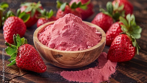 Strawberry powder in wooden bowl with fresh fruit on rustic tabletop
