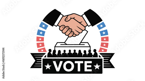 Illustration of a vote box with people and a handshake with an american flag design around it