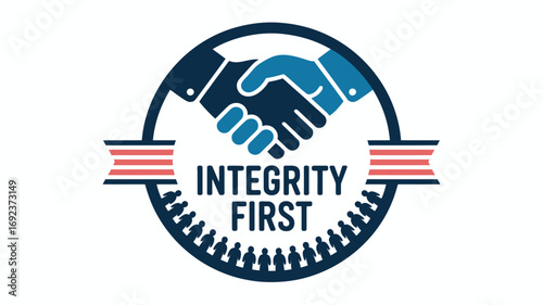 A logo showing two hands shaking with the words integrity first and a group of people silhouettes