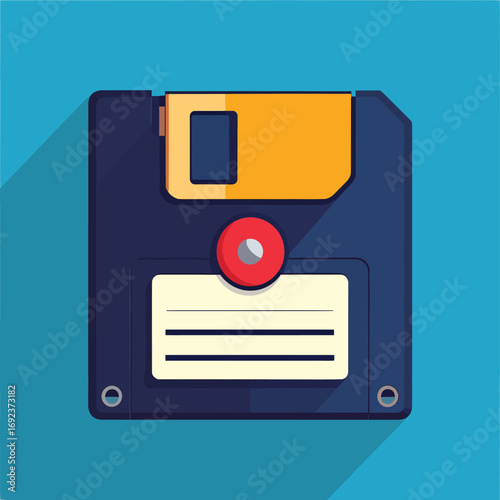 Vintage floppy disk icon illustration on a blue background.