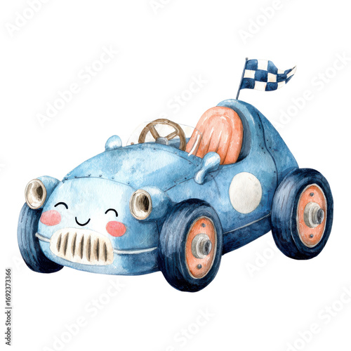 A happy toy race car on transparent background
