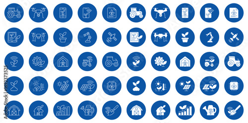 Agricultural Icons Set with Farm Equipment, Plants, and Technology Elements