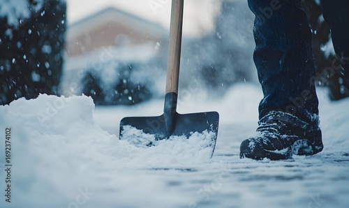 Person shoveling snow on a chilly winter day with focus on boots and shovel